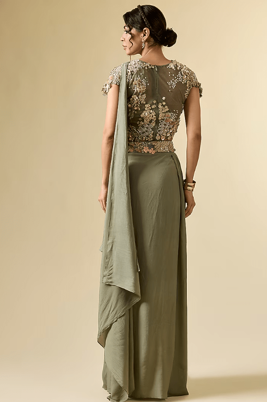 Green Crepe Hand Embroidered Draped Skirt Set - Image 2
