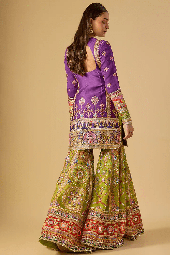Green Chanderi Mirror & Sequins Embroidered Gharara Set - Image 2
