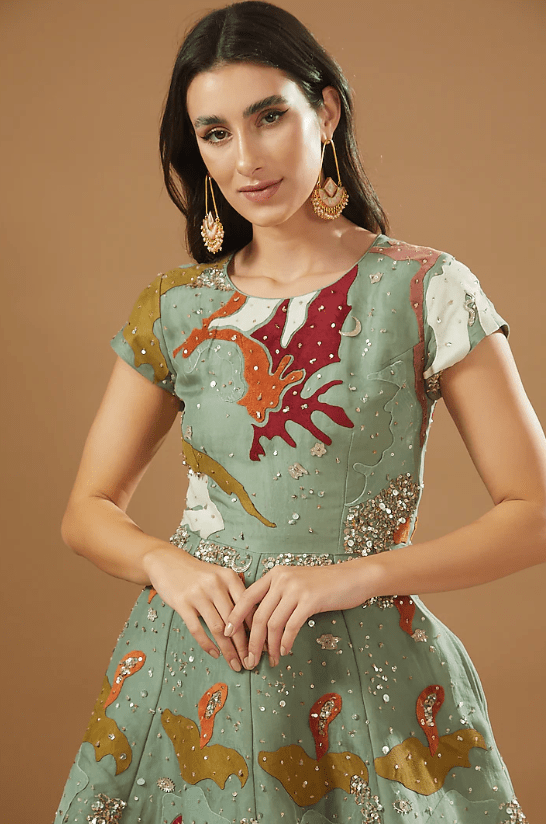Sage Green Organza Embroidered Gown - Image 3