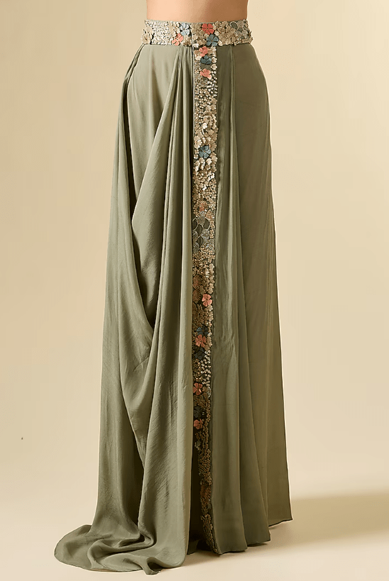 Green Crepe Hand Embroidered Draped Skirt Set - Image 3