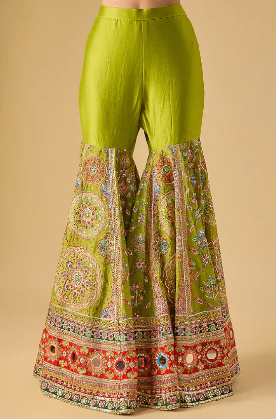 Green Chanderi Mirror & Sequins Embroidered Gharara Set - Image 3