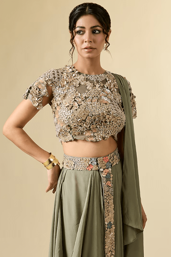 Green Crepe Hand Embroidered Draped Skirt Set - Image 4