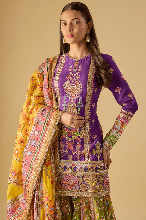 Green Chanderi Mirror & Sequins Embroidered Gharara Set - Image 4