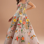 Ash Lilac Organza Floral Motif Embroidered Gown