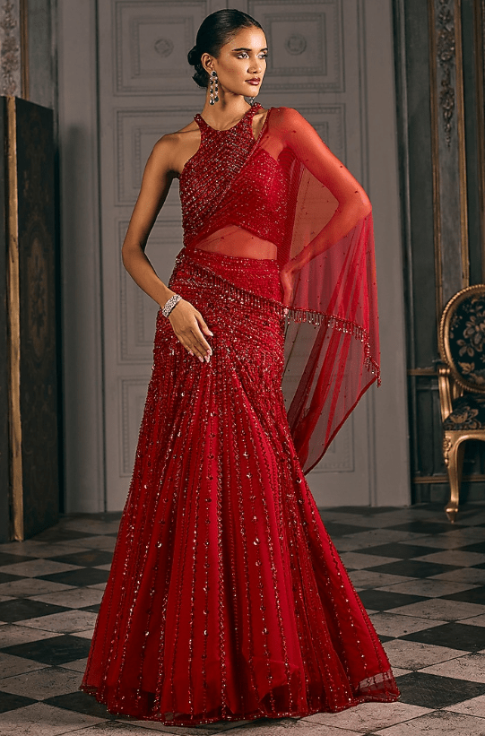 Red Net Embroidered Lehenga Set