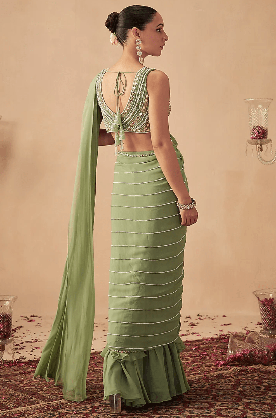 Sage Green Georgette Embroidered Pre-Draped Saree Set - Image 2
