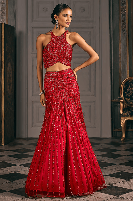 Red Net Embroidered Lehenga Set - Image 3