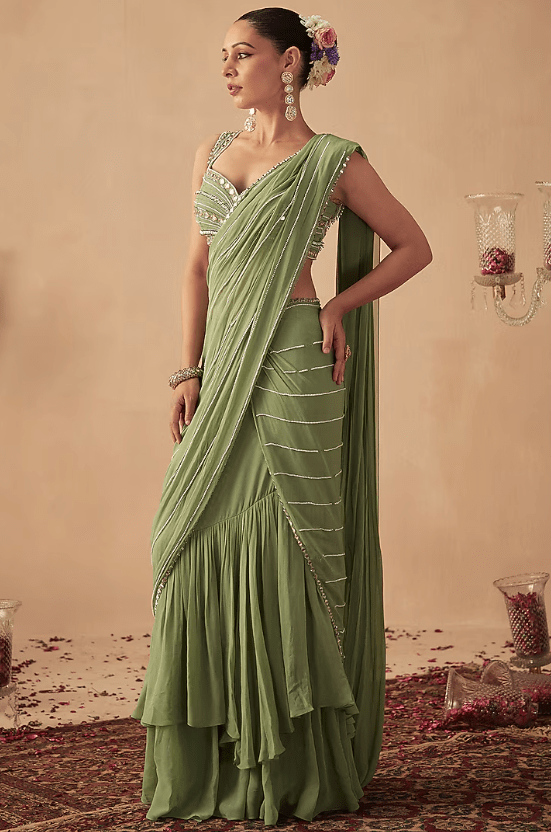 Sage Green Georgette Embroidered Pre-Draped Saree Set - Image 4