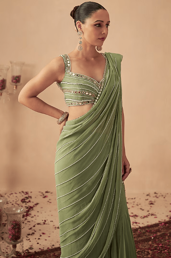 Sage Green Georgette Embroidered Pre-Draped Saree Set - Image 5