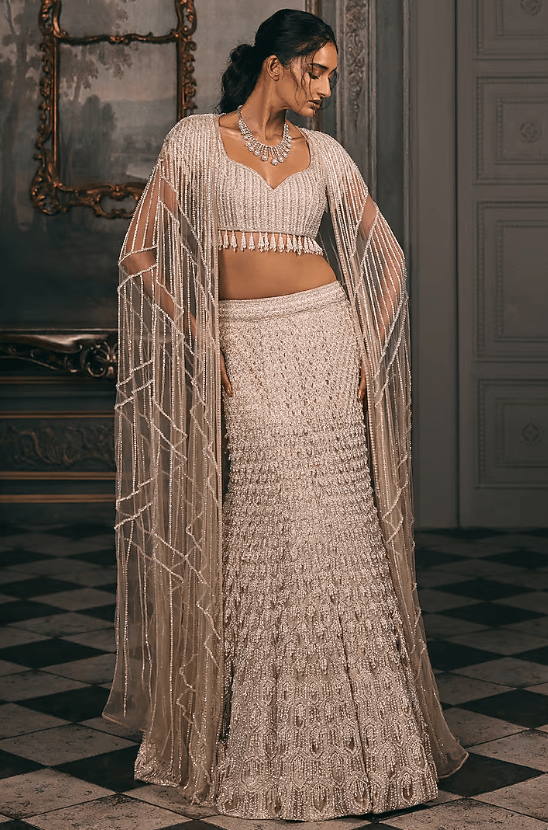 Ivory Beige Shimmer & Net Sequin Hand Embroidered Jacket Lehenga Set