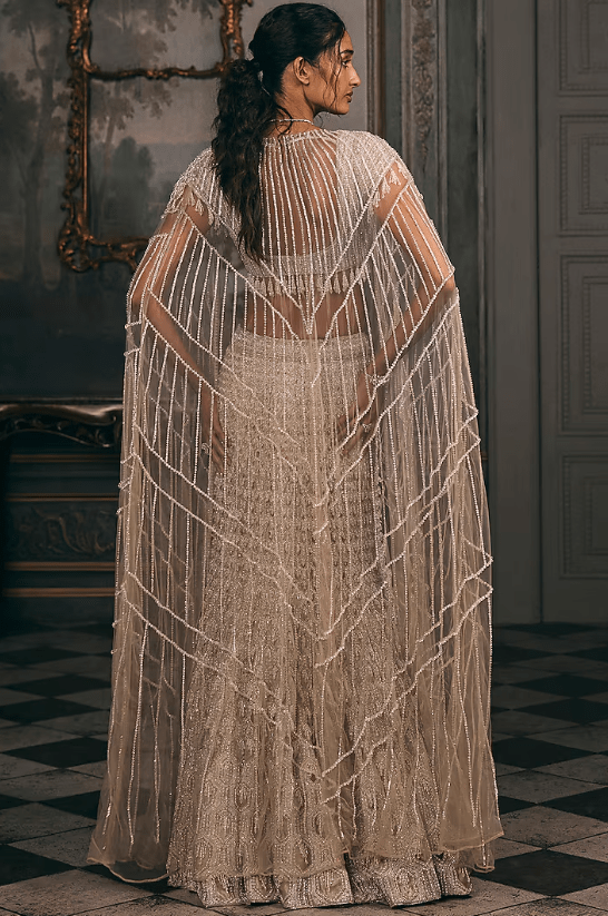 Ivory Beige Shimmer & Net Sequin Hand Embroidered Jacket Lehenga Set - Image 2
