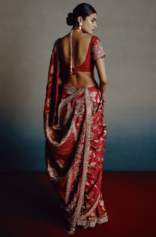 Blood Red Banarasi Silk Zari Motif Saree Set - Image 2