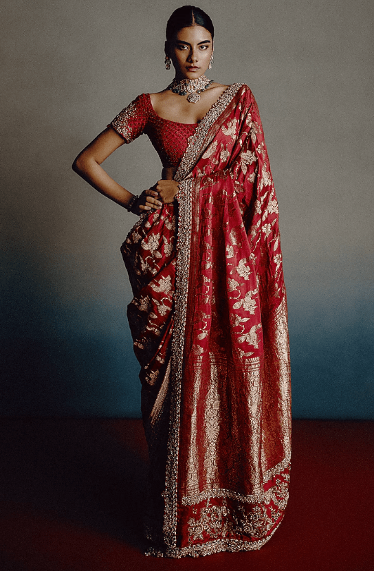 Blood Red Banarasi Silk Zari Motif Saree Set - Image 3