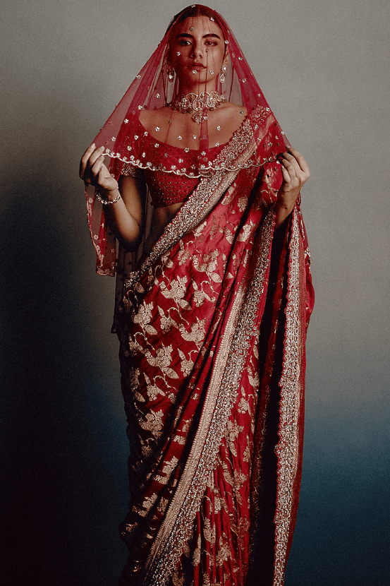 Blood Red Banarasi Silk Zari Motif Saree Set - Image 4