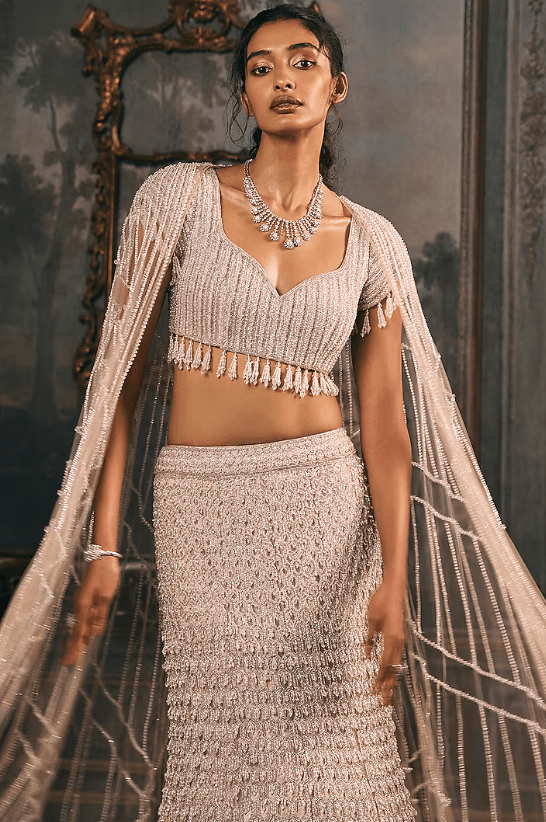 Ivory Beige Shimmer & Net Sequin Hand Embroidered Jacket Lehenga Set - Image 4