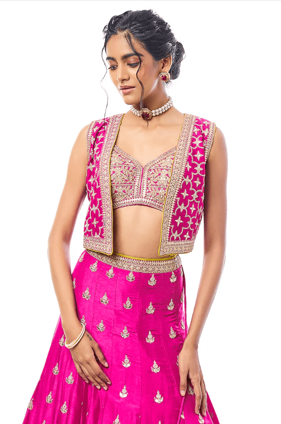 Rani Pink Tussar Sequin Work Jacket Lehenga Set - Image 4