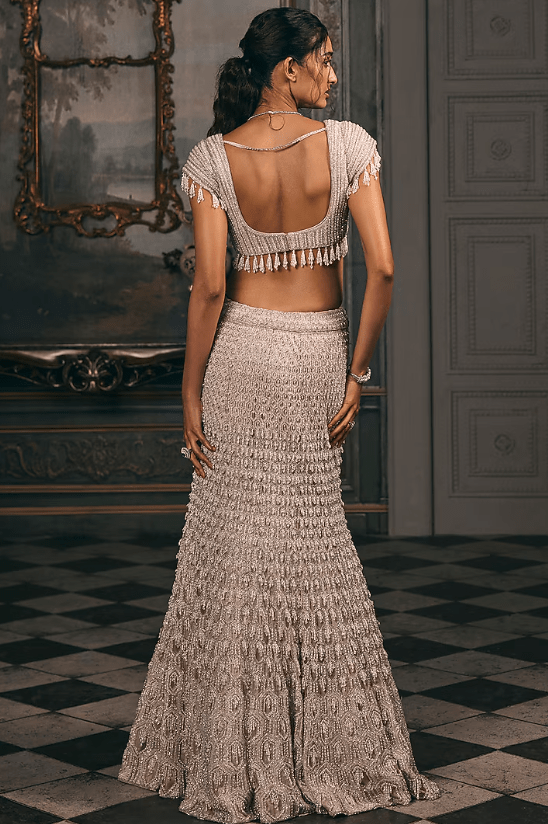 Ivory Beige Shimmer & Net Sequin Hand Embroidered Jacket Lehenga Set - Image 5