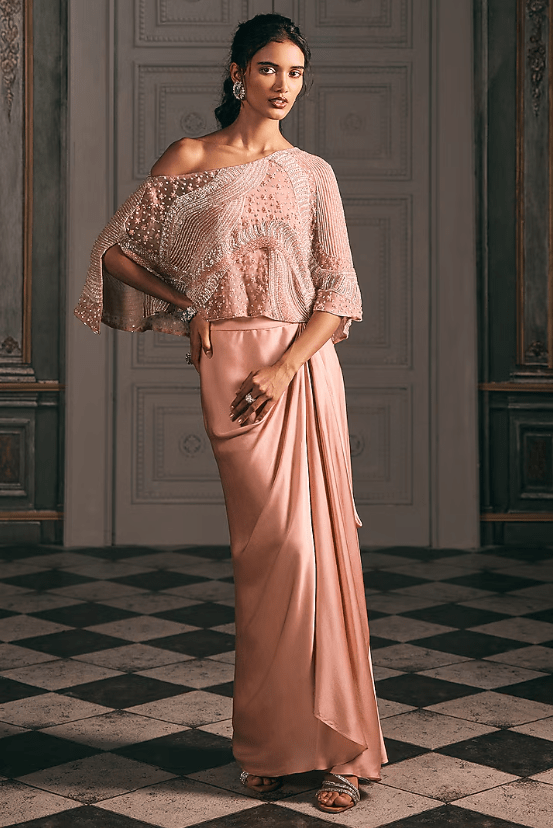 Pink Organza & Satin Blend Crystal Embroidered Cape Set