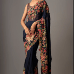 Navy Blue Chiffon Thread Embroidered Saree Set