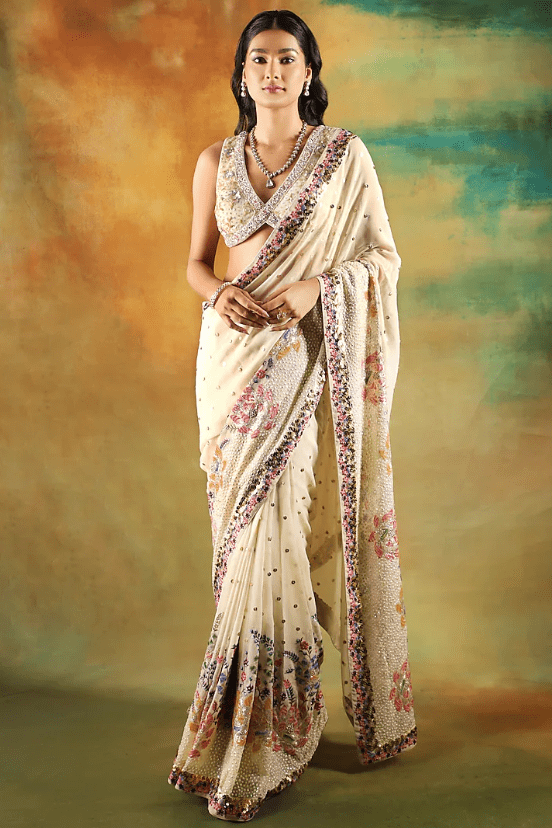Ivory Net Sequins Work Saree Set