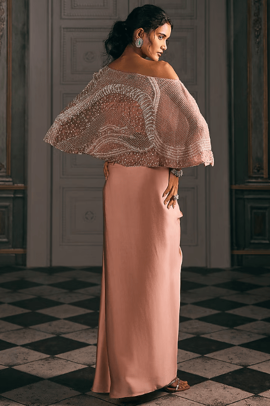 Pink Organza & Satin Blend Crystal Embroidered Cape Set - Image 2