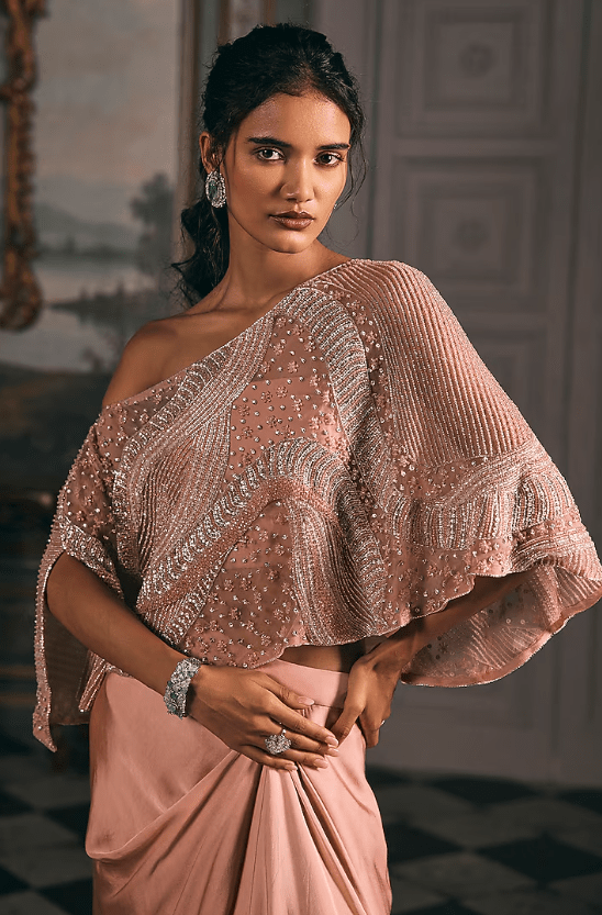 Pink Organza & Satin Blend Crystal Embroidered Cape Set - Image 3