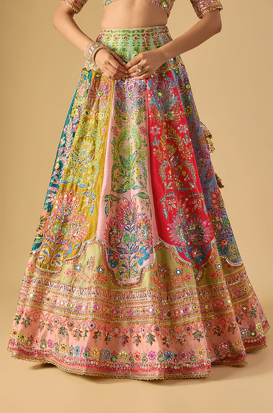 Multi-Colored Silk Gota & Mirror Embroidered Lehenga Set - Image 3