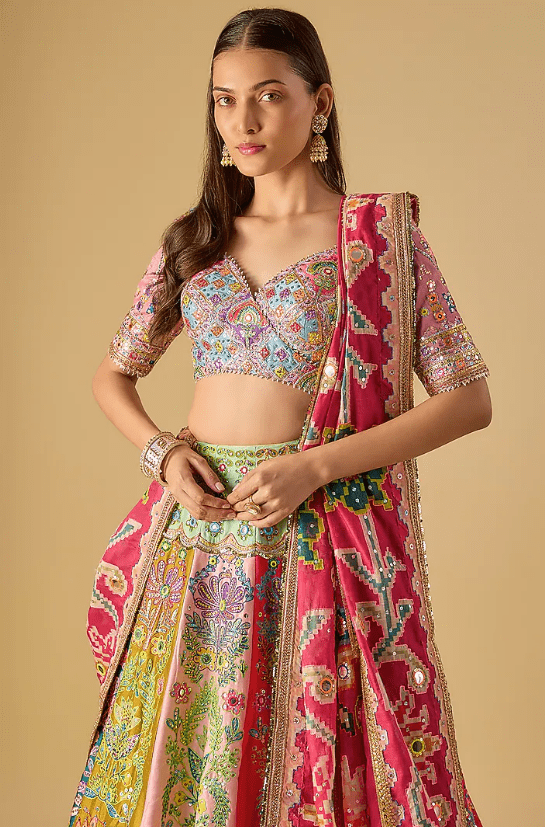 Multi-Colored Silk Gota & Mirror Embroidered Lehenga Set - Image 4