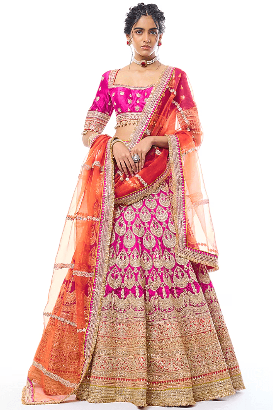 Rani Pink Tussar Thread Work Lehenga Set