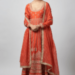 Rust Orange Tussar Mirror Work Anarkali Set
