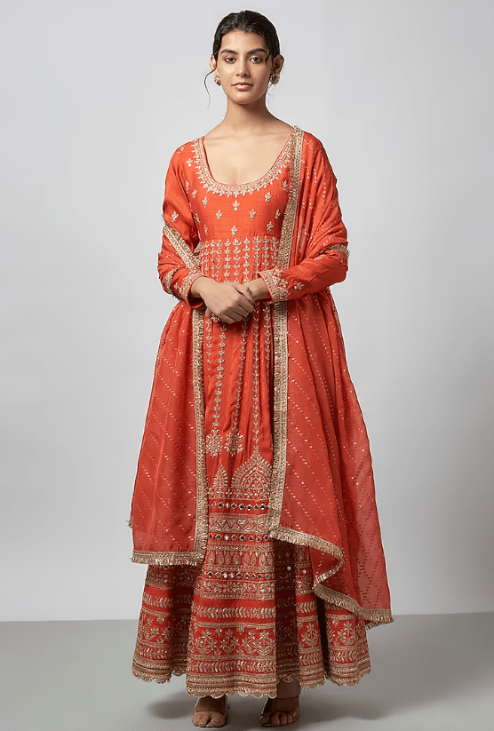 Rust Orange Tussar Mirror Work Anarkali Set