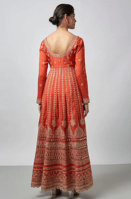 Rust Orange Tussar Mirror Work Anarkali Set - Image 2