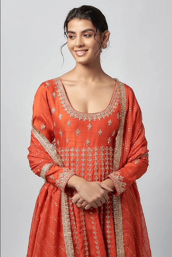 Rust Orange Tussar Mirror Work Anarkali Set - Image 4