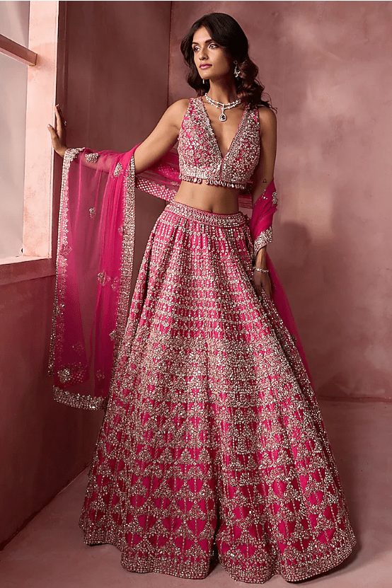 Fuchsia Pink Taffeta Mirror Embroidered Lehenga Set