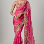 Pink Organza Zardosi Embroidered Saree Set