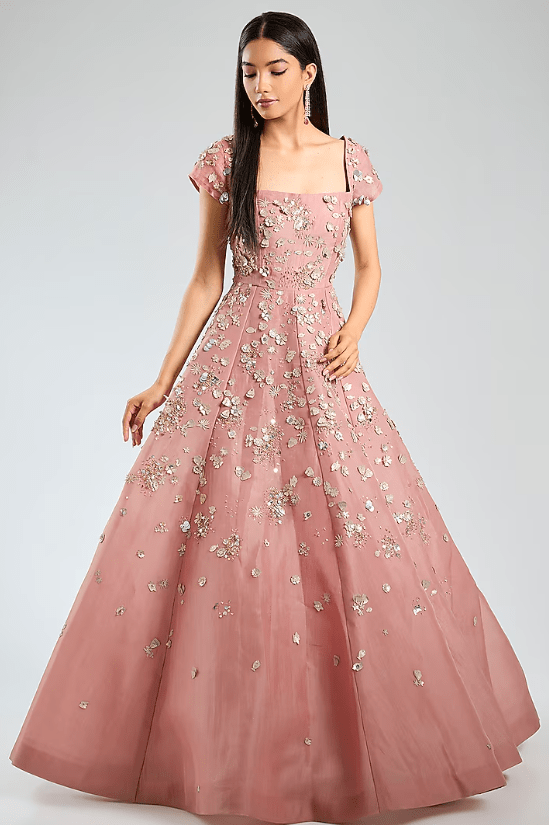 Pink Organza 3D Applique Embroidered Off-Shoulder Ball Gown