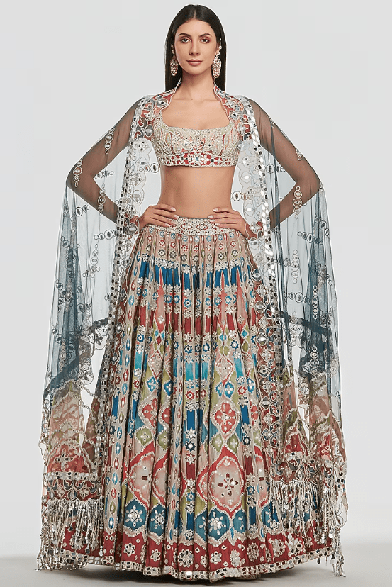 Multi-Colored Chanderi Mirror Work Lehenga Set