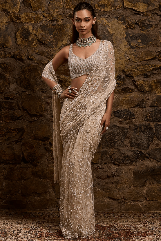 Champagne Gold Net Hand Embroidered Draped Saree Set