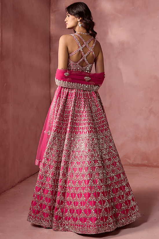Fuchsia Pink Taffeta Mirror Embroidered Lehenga Set - Image 2