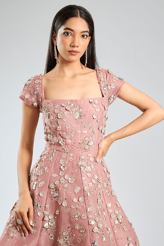 Pink Organza 3D Applique Embroidered Off-Shoulder Ball Gown - Image 3