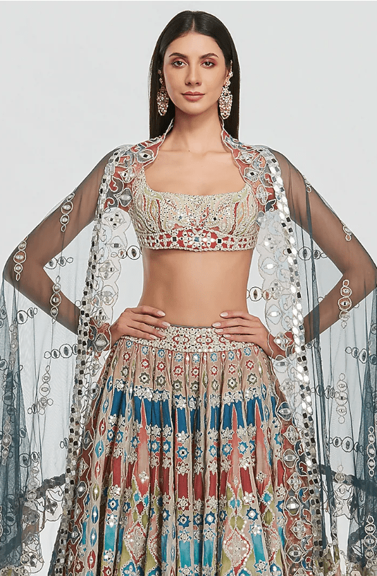 Multi-Colored Chanderi Mirror Work Lehenga Set - Image 3