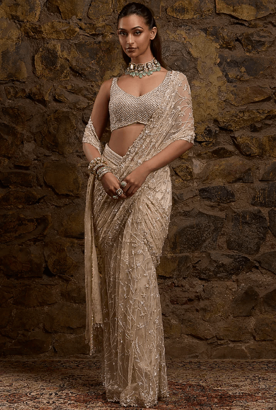 Champagne Gold Net Hand Embroidered Draped Saree Set - Image 3