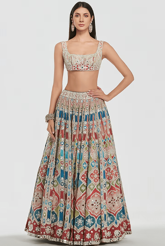 Multi-Colored Chanderi Mirror Work Lehenga Set - Image 4