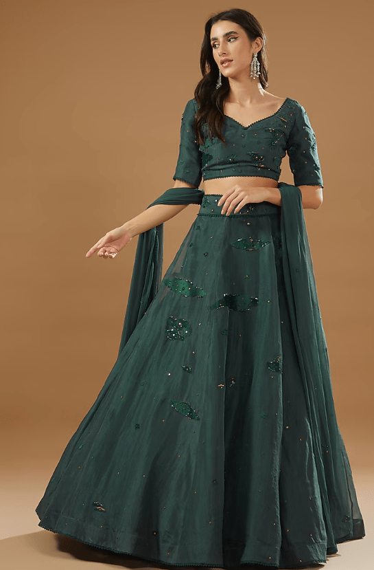Green Chanderi Embroidered Lehenga Set