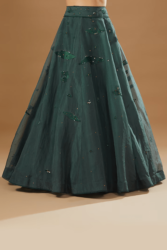Green Chanderi Embroidered Lehenga Set - Image 3