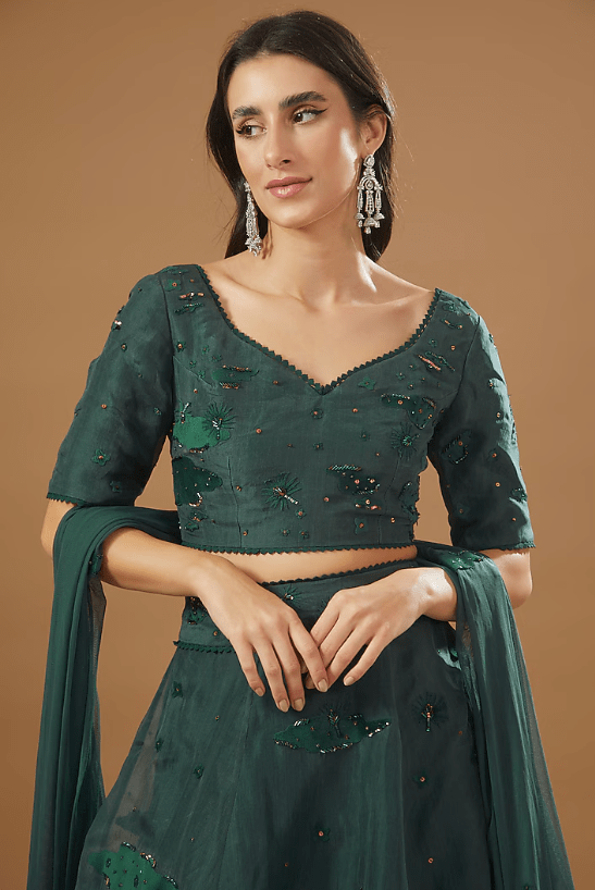 Green Chanderi Embroidered Lehenga Set - Image 4