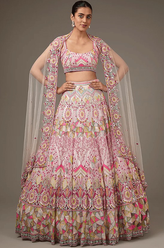 Multi-Colored Organza Hand Embroidered Lehenga Set