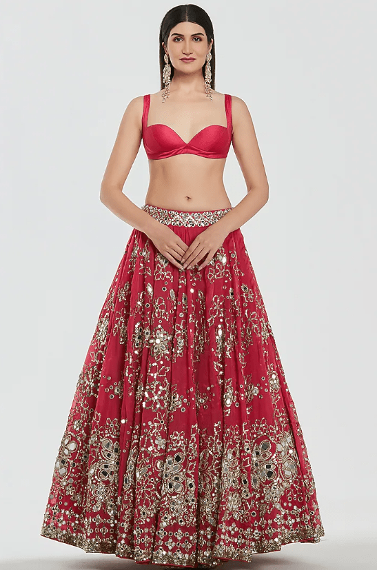 Rani Pink Chanderi Mirror Work Lehenga Set - Image 4