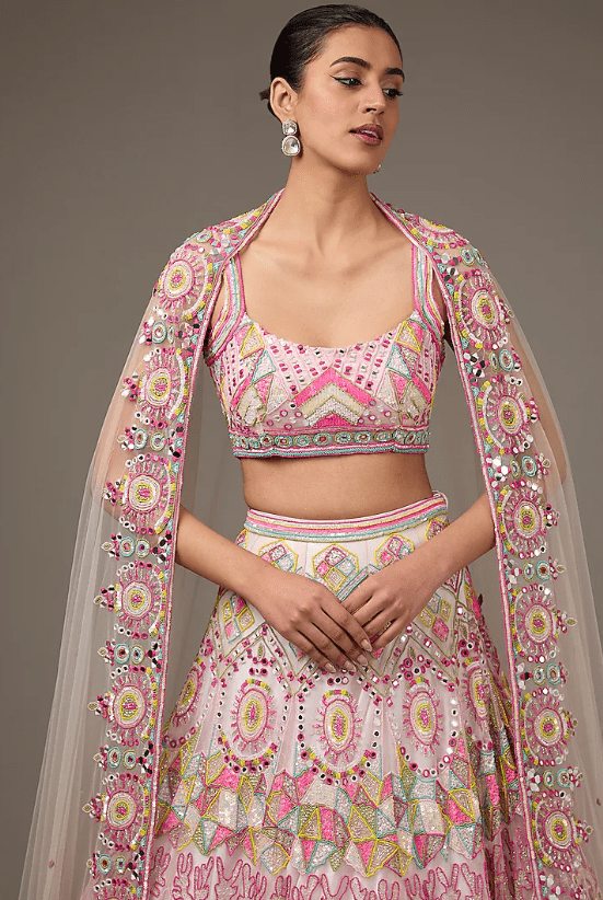 Multi-Colored Organza Hand Embroidered Lehenga Set - Image 4