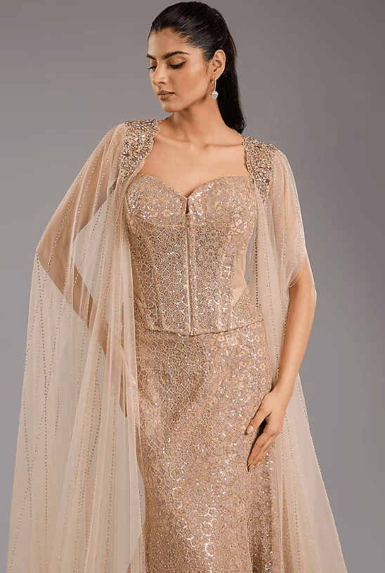 Blush Tulle Sequins Embroidered Draped Lehenga Saree Set - Image 4